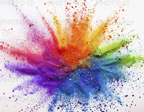 Vibrant and energetic multicolored powder explosion captured against awhite background. Evoking festival celebrations reminiscent of Holi, with dynamic motion and graphic potential for creative artistic projects, AI generated