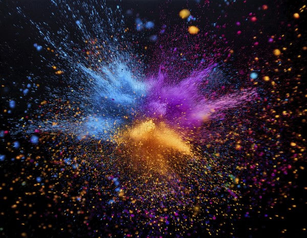 Vibrant and energetic multicolored powder explosion captured against a dark background. Evoking festival celebrations reminiscent of Holi, with dynamic motion and graphic potential for creative artistic projects, AI generated