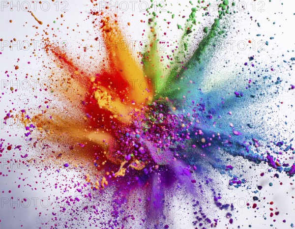 Vibrant and energetic multicolored powder explosion captured against awhite background. Evoking festival celebrations reminiscent of Holi, with dynamic motion and graphic potential for creative artistic projects, AI generated