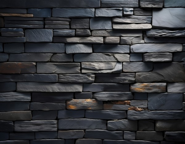 Rugged dark stone bricks arranged in a detailed pattern, showcasing texture and subtle highlights, perfect as a background or design element for natural, architectural, or rustic aesthetic projects, AI generated