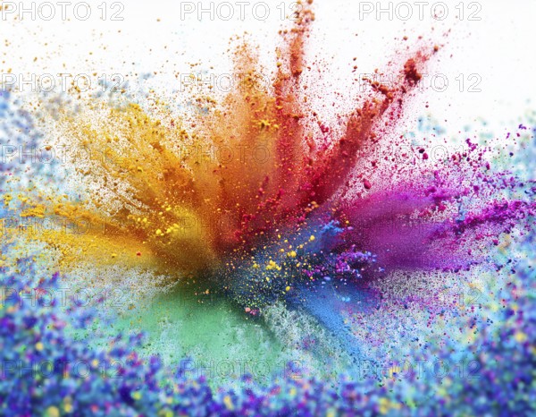 Vibrant and energetic multicolored powder explosion captured against awhite background. Evoking festival celebrations reminiscent of Holi, with dynamic motion and graphic potential for creative artistic projects, AI generated