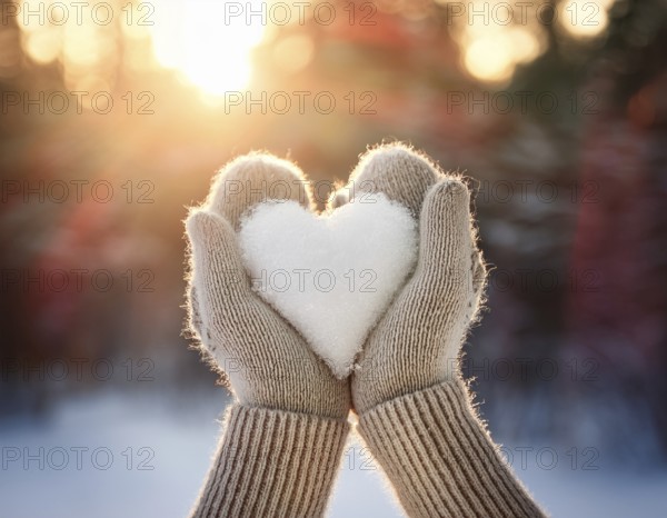 Serene winter scene showcasing hands in gloves holding a snow heart symbolizing love and warmth, AI generated