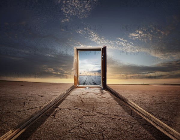 Glowing door is a portal to another world. Mysterious door with glowing light, AI generated