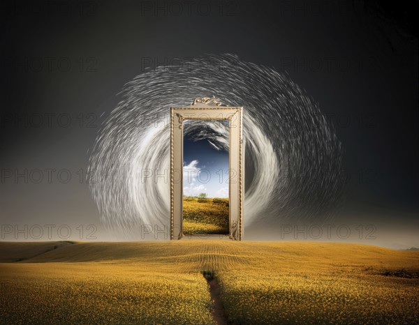 Glowing door is a portal to another world. Mysterious door with glowing light, AI generated