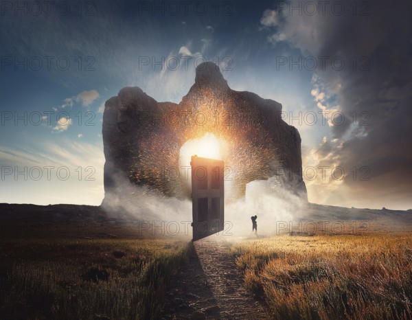 Concept Spirituality, Afterlife, Light Energy, Transcendence, Reality. Soul transcends through light portal exploring afterlife and spirituality, AI generated