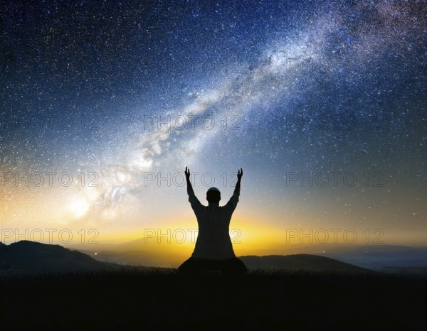 A man kneels in peaceful reflection under the vibrant Milky Way galaxy at sunset in an open natural setting, conveying awe, tranquility, and the beauty of the cosmos, AI generated