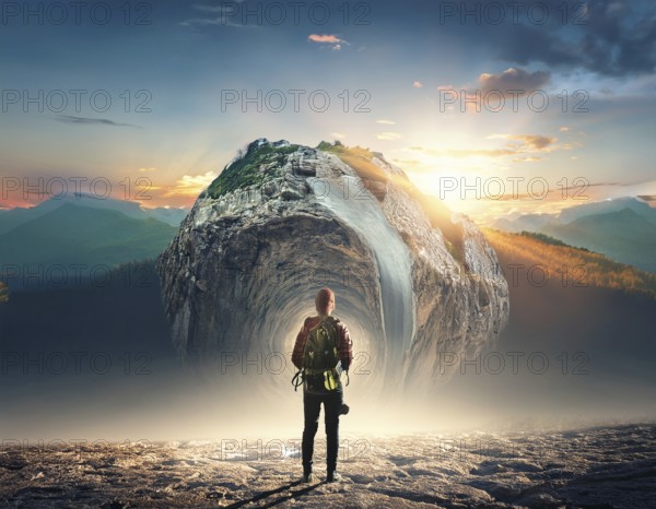 Concept Spirituality, Afterlife, Light Energy, Transcendence, Reality. Soul transcends through light portal exploring afterlife and spirituality, AI generated