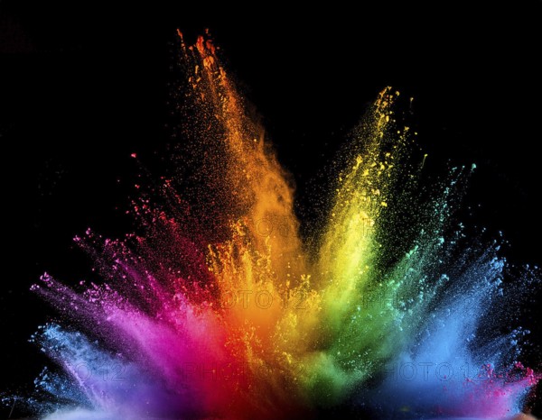 Vibrant and energetic multicolored powder explosion captured against a dark background. Evoking festival celebrations reminiscent of Holi, with dynamic motion and graphic potential for creative artistic projects, AI generated