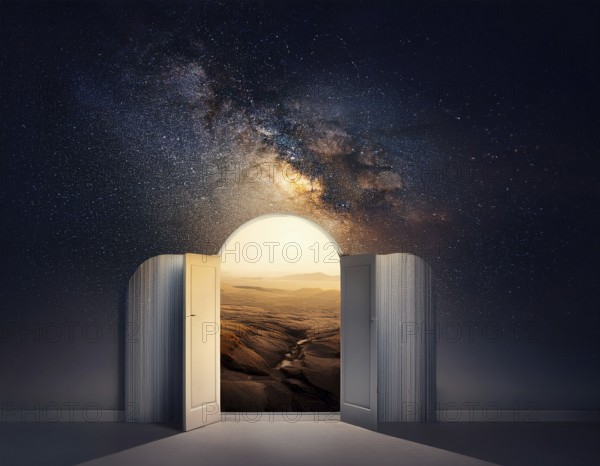 Glowing door is a portal to another world. Mysterious door with glowing light, AI generated