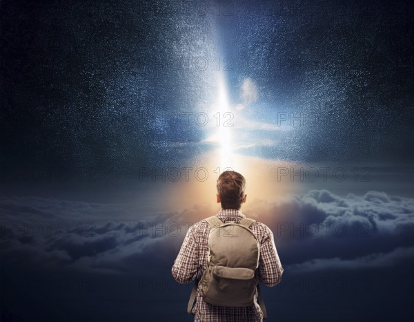 Concept Spirituality, Afterlife, Light Energy, Transcendence, Reality. Soul transcends through light portal exploring afterlife and spirituality, AI generated