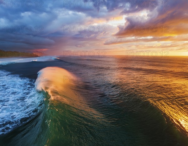 Vivid Ocean Wave Under Colorful Sunset with Dramatic Sky and Clouds, AI generated
