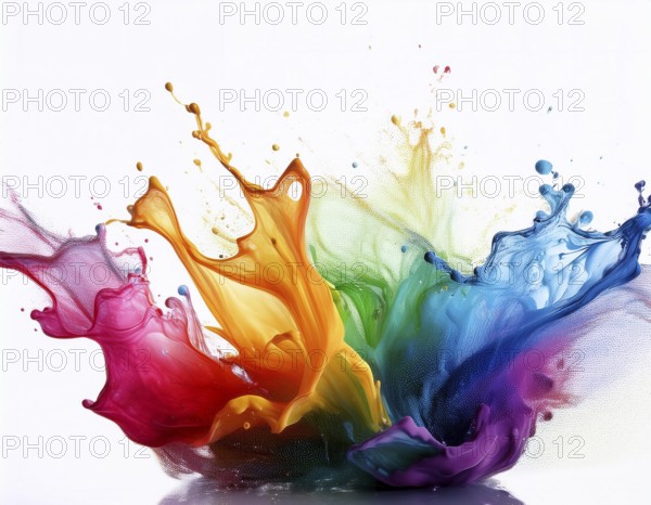 A vivid and dynamic display of multicolored paint splashing in motion against a pristine white backdrop, conveying energy, creativity, and colorful artistry for vibrant compositions and conceptual visuals, AI generated