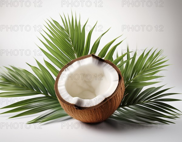 A whole coconut paired with a halved one, displayed on vivid green palm leaves against a white background, highlighting freshness and tropical themes, AI generated