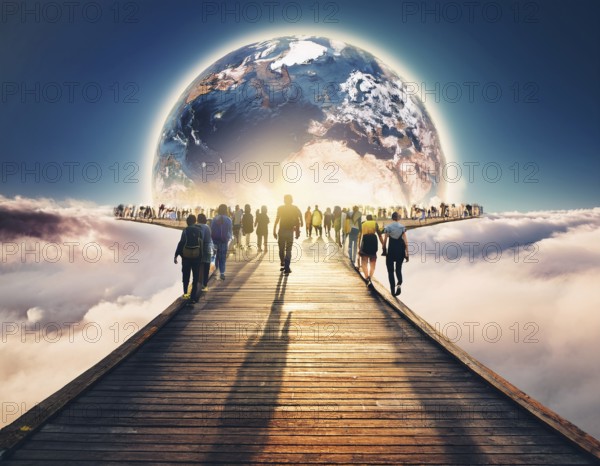 A surreal image of people walking on a boardwalk toward a large depiction of Earth surrounded by clouds, symbolizing aspiration, unity, and global connection, with a serene and dreamlike ambiance, AI generated
