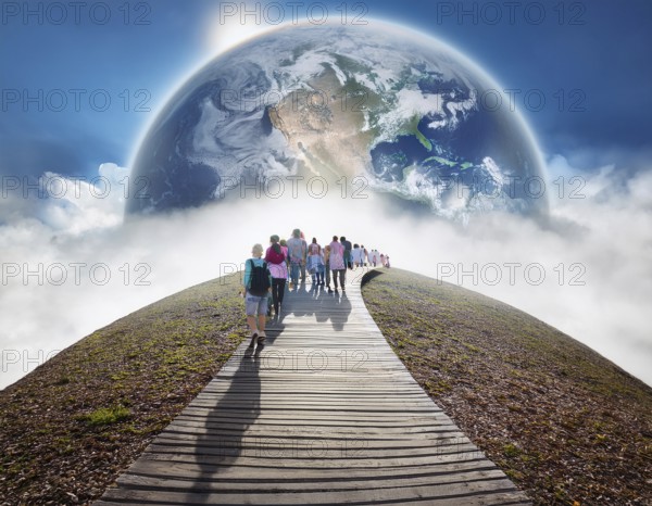 A surreal image of people walking on a boardwalk toward a large depiction of Earth surrounded by clouds, symbolizing aspiration, unity, and global connection, with a serene and dreamlike ambiance, AI generated