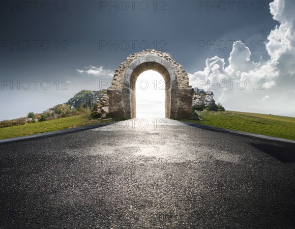 Glowing door is a portal to another world. Mysterious door with glowing light, AI generated