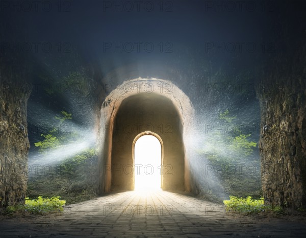 Glowing door is a portal to another world. Mysterious door with glowing light, AI generated