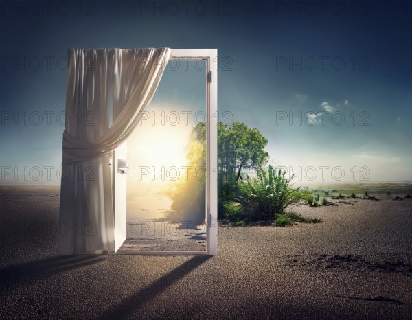 Glowing door is a portal to another world. Mysterious door with glowing light, AI generated