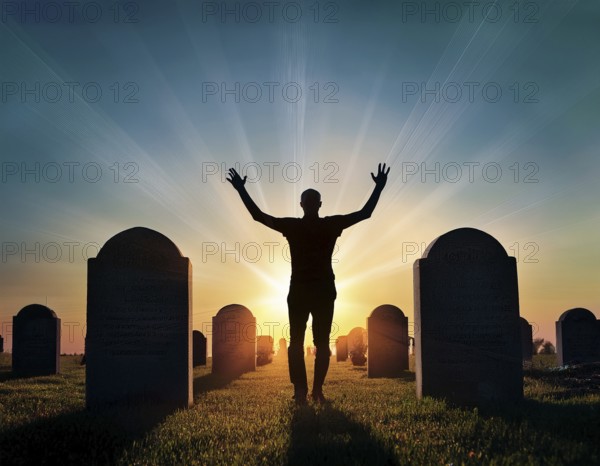A silhouette of a lone figure walking off a gravestone, The scene evokes Resurrection thoughts emotional depth, AI generated