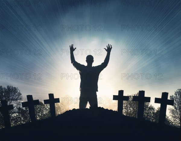 A silhouette of a lone figure walking off a gravestone, The scene evokes Resurrection thoughts emotional depth, AI generated