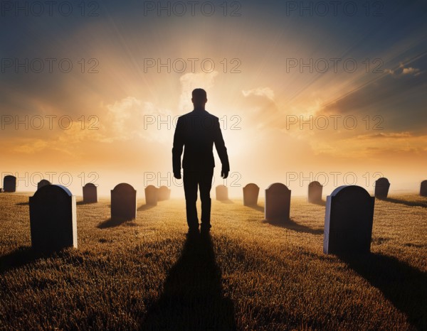 A silhouette of a lone figure walking off a gravestone, The scene evokes Resurrection thoughts emotional depth, AI generated