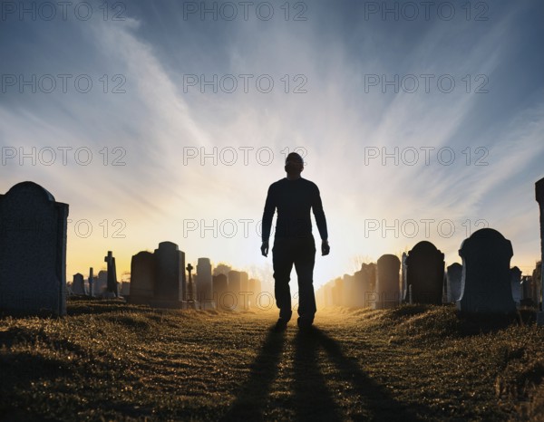 A silhouette of a lone figure walking off a gravestone, The scene evokes Resurrection thoughts emotional depth, AI generated
