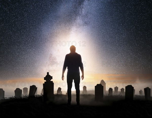 A silhouette of a lone figure walking off a gravestone, The scene evokes Resurrection thoughts emotional depth, AI generated