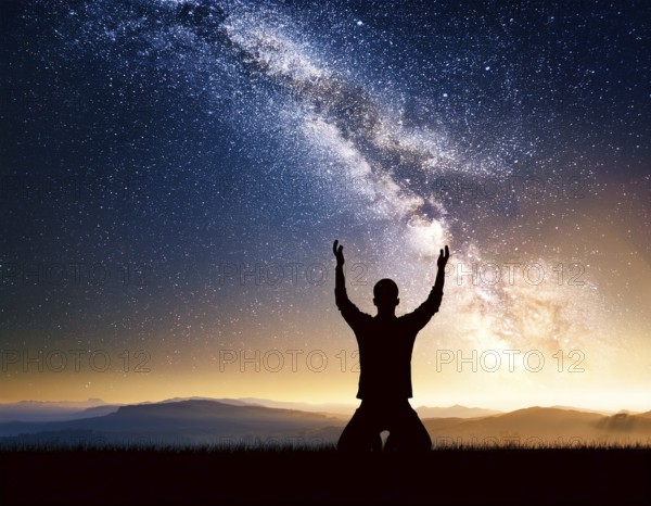 A man kneels in peaceful reflection under the vibrant Milky Way galaxy at sunset in an open natural setting, making prays, AI generated