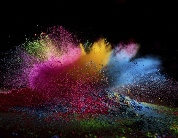 A colorful explosion powder on black background.. Multicolored powder explosion, AI generated