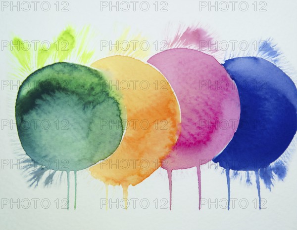 Colorful watercolor circles painted on a white background create a vibrant and artistic design. Bright colors including orange, blue, red, and green offer inspiration for artistic creation and design projects, AI generated
