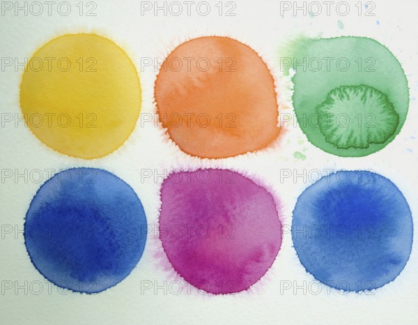 Colorful watercolor circles painted on a white background create a vibrant and artistic design. Bright colors including orange, blue, red, and green offer inspiration for artistic creation and design projects, AI generated