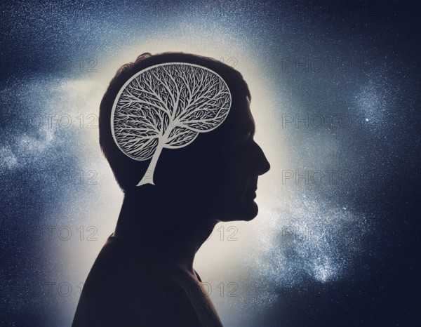 A creative representation of a human head silhouette incorporating an illuminated brain. The image blends nature and intellect themes through the inclusion of a forest background during sunset, AI generated