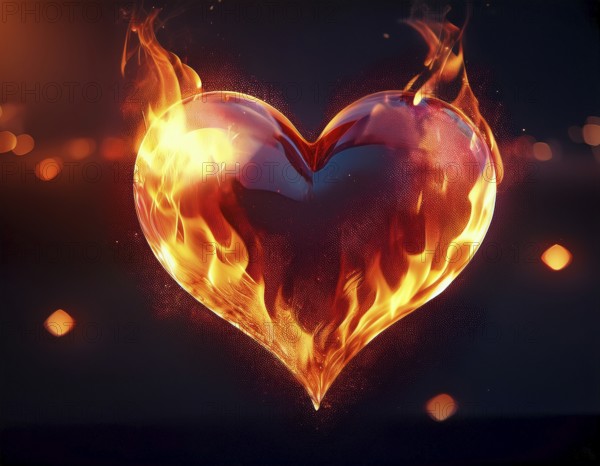 A bright heart-shaped flame glowing amidst a dark background with orange bokeh lights, symbolizing passion, love, and warmth. This striking image represents affection, intensity, and emotional energy, AI generated