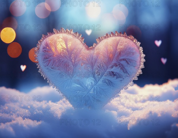 A frosted heart-shaped opening on a window with glowing bokeh lights and snowy patterns, evoking warmth and winter romance, AI generated