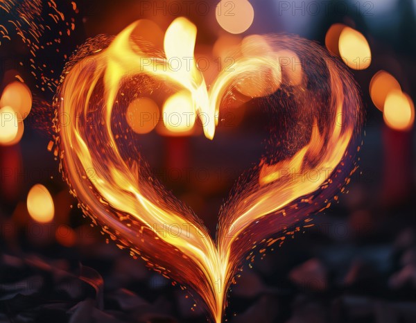 A bright heart-shaped flame glowing amidst a dark background with orange bokeh lights, symbolizing passion, love, and warmth. This striking image represents affection, intensity, and emotional energy, AI generated