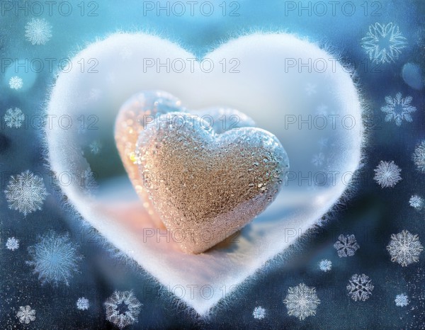 A frosted heart-shaped opening on a window with glowing bokeh lights and snowy patterns, evoking warmth and winter romance, AI generated