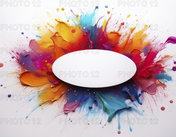 Vibrant watercolor splash in rainbow hues framing a oval white blank circle, perfect for creative designs, AI generated