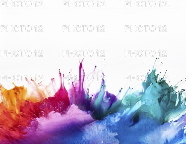 A vivid and dynamic display of multicolored paint splashing in motion against a pristine white backdrop, conveying energy, creativity, and colorful artistry for vibrant compositions and conceptual visuals, AI generated