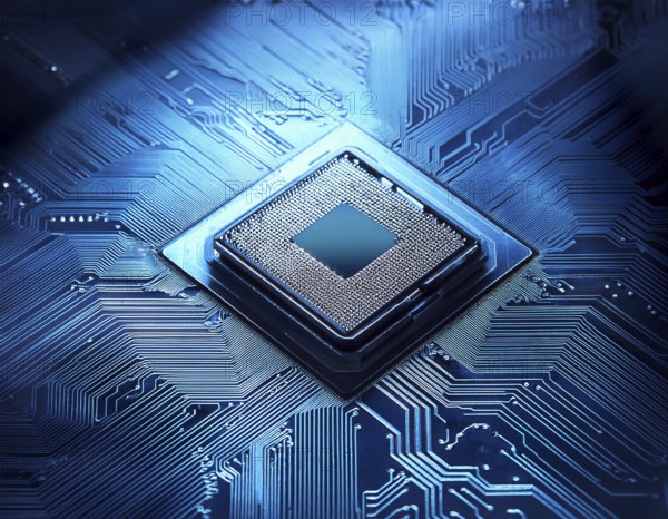 A close-up view of a glowing central processing unit on a bluish circuit board, representing technological advancements and computing innovation, AI generated