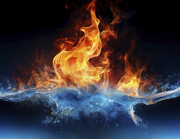 Fiery Flames and Splashing Water Collision on Black Background, AI generated