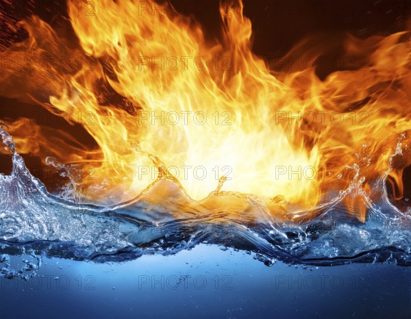 Fiery Flames and Splashing Water Collision on Black Background, AI generated