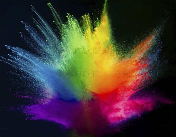 Colorful abstract art depicting a vibrant explosion of rainbow hues on a dark background, evoking creativity and artistic expression, AI generated