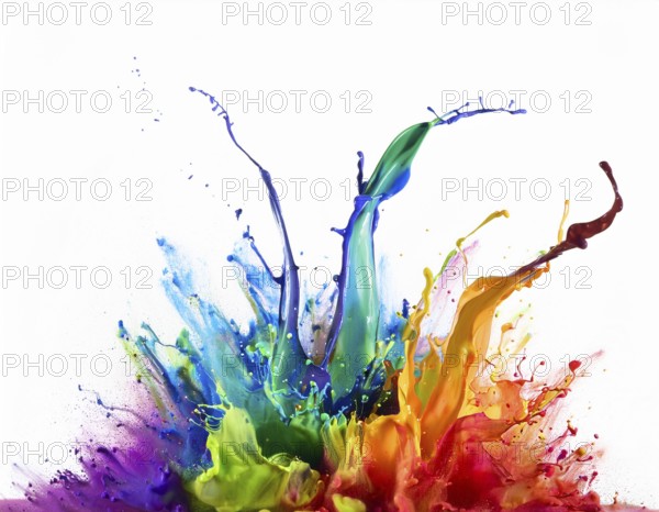 A vivid and dynamic display of multicolored paint splashing in motion against a pristine white backdrop, conveying energy, creativity, and colorful artistry for vibrant compositions and conceptual visuals, AI generated