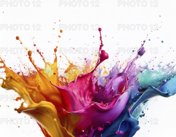 A vivid and dynamic display of multicolored paint splashing in motion against a pristine white backdrop, conveying energy, creativity, and colorful artistry for vibrant compositions and conceptual visuals, AI generated