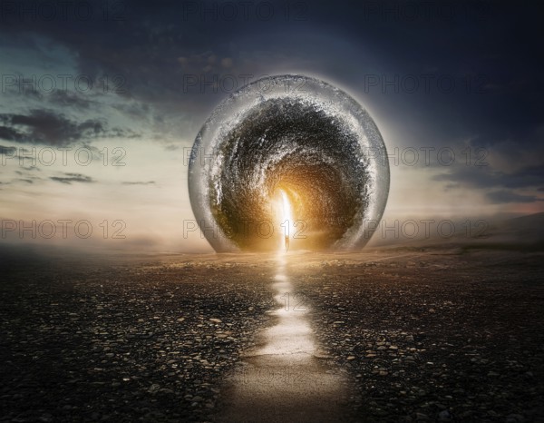 Glowing door is a portal to another world. Mysterious door with glowing light, AI generated