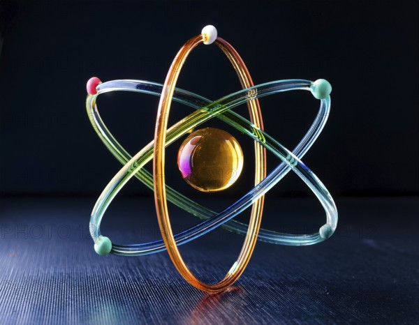 A vibrant illustration of an atomic structure with colorful spheres and connections, illuminated and set against a dark contrasting background, AI generated