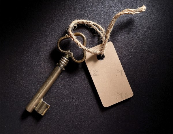 A close-up of an ornate vintage key with a blank label attached, resting on a brown surface under soft, warm light, evoking a sense of mystery, history, and curiosity, AI generated