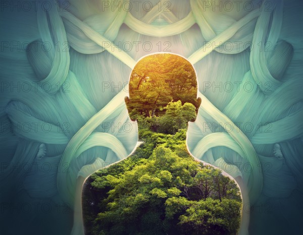 Conceptual artwork showcasing the silhouette of a person overlapping with a serene natural scene, symbolizing mindfulness, personal growth, and unity with nature. Vibrant visuals emphasize harmony and mental well-being, AI generated