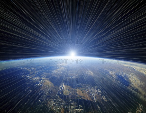 A captivating depiction of Earth from orbit, showcasing the planet's vibrant surface and glowing sunlight. An awe-inspiring illustration representing the cosmos, beauty, and the grandeur of the universe, AI generated