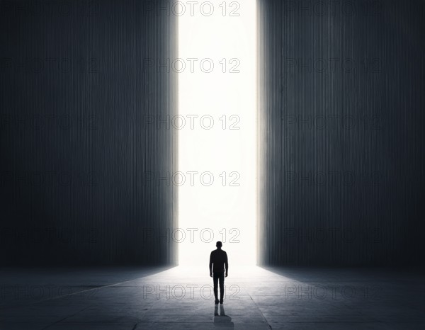 A lone figure stands in a minimalist setting, emphasizing scale, solitude, and illumination. The bright light adds mystery and contrast to the dark surroundings, invoking feelings of wonder and reflection, AI generated